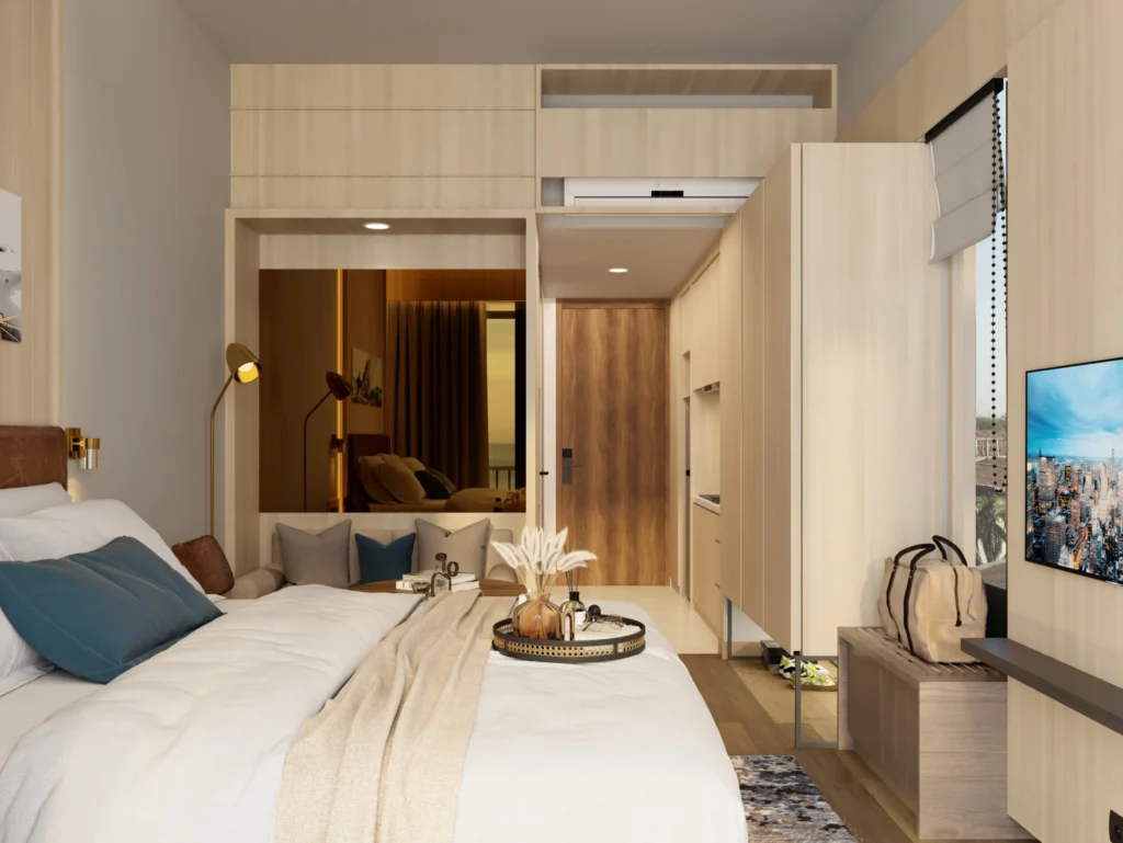 boutique suite bedroom timber wall paneling