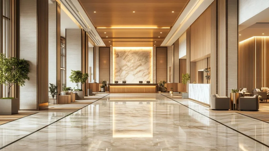 Completed hotel lobby after hotel fit out, featuring marble flooring, wood ceiling details, reception desk, lounge seating, and a polished luxury interior.