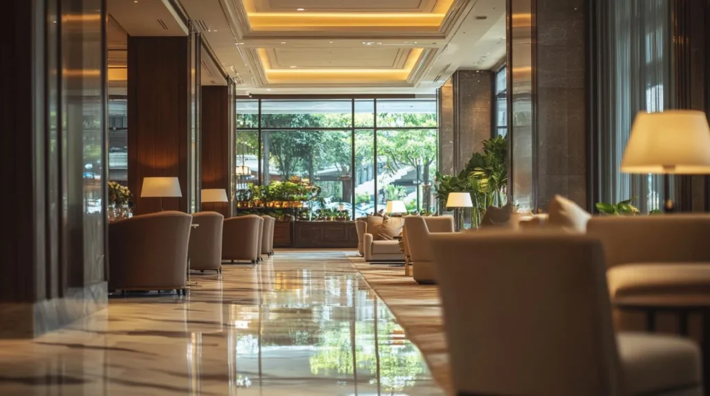 Hotel fit out companies in Saudi Arabia creating a luxury hotel lobby with elegant seating, lighting, marble flooring, and interior finishes