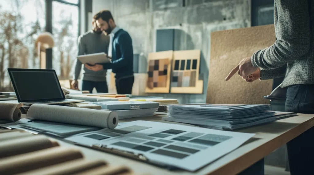 Hotel project team reviewing material samples, drawings, and submission documents during the hotel PIP brand approval process before rollout.