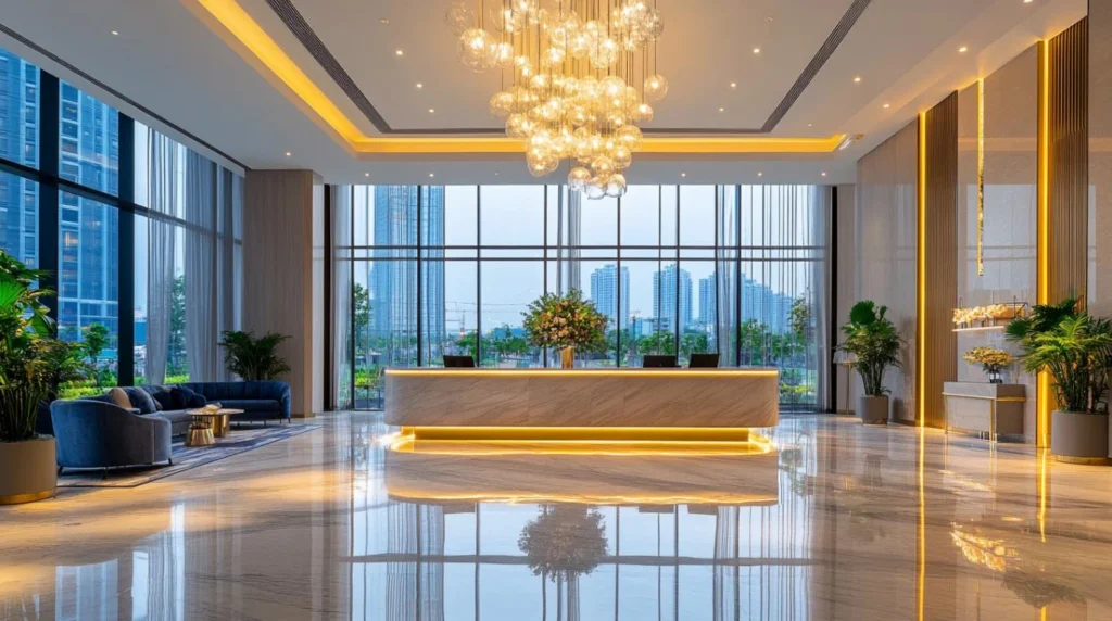 Luxury hotel lobby interior with a modern reception desk, chandelier lighting, marble flooring, and upscale finishes, suitable for a hotel PIP budget guide cover image.