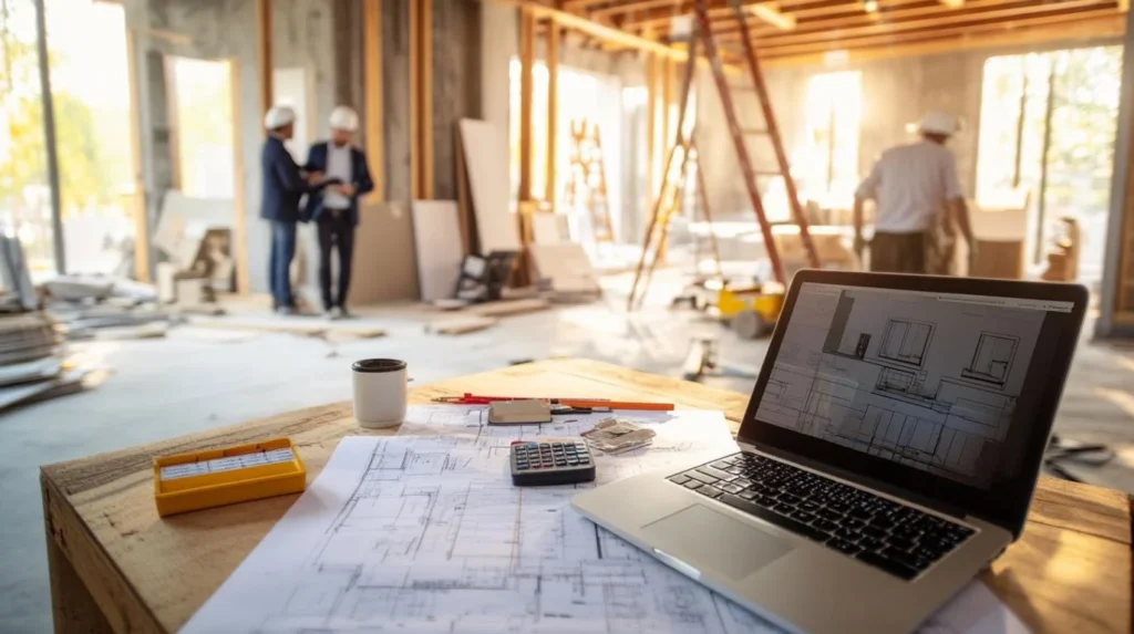 Hotel PIP budget planning scene with blueprints, laptop, calculator, and project team reviewing renovation work on an active construction site before installation begins.