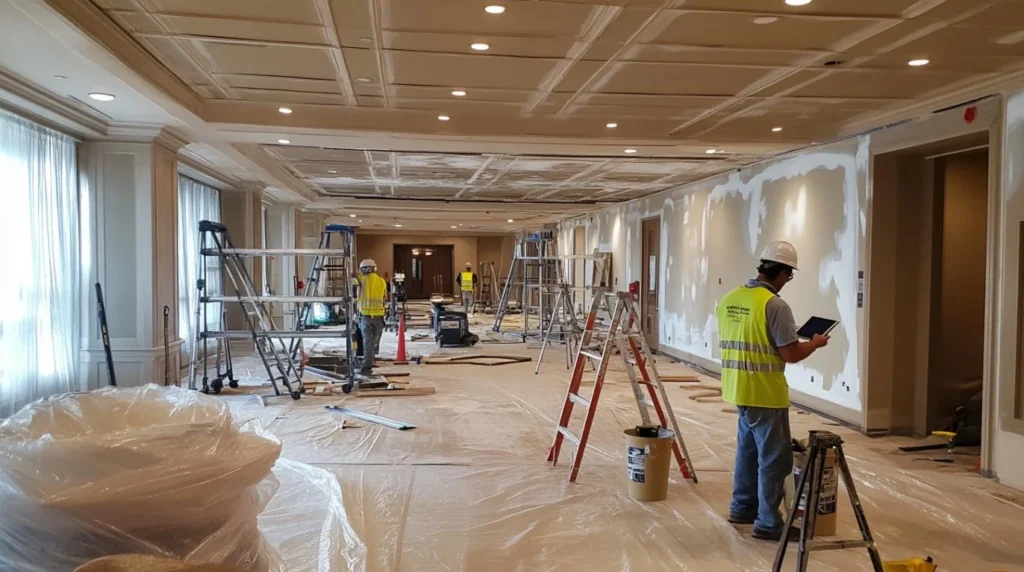 Hotel PIP renovation in progress inside a hotel corridor and public area, showing phased interior work, site protection, and project coordination during an active upgrade.
