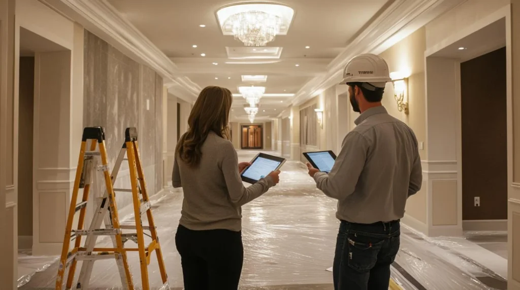 Hotel project manager and site supervisor reviewing renovation progress in an active hotel corridor during a hotel PIP, highlighting coordination, inspection, and risk management before project handover.