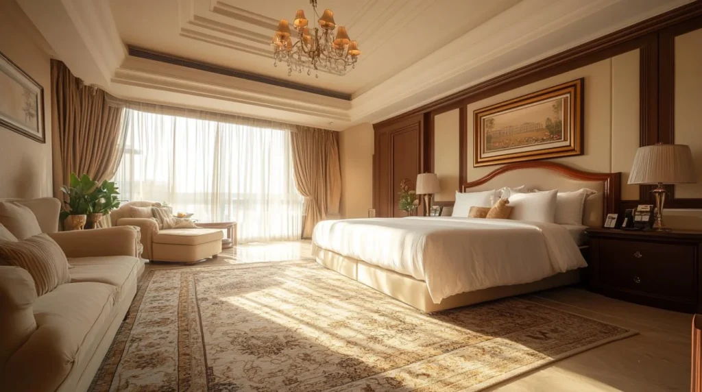 Luxury hotel guestroom with custom FF&E furniture, warm lighting, and elegant interior design in the UAE.