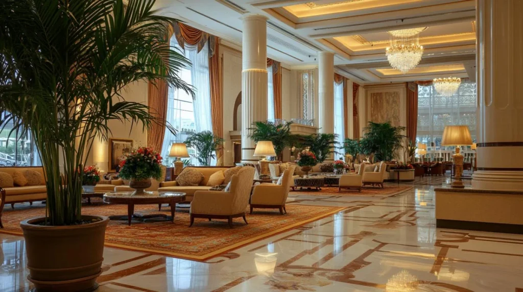 Luxury hotel lobby interior showing elegant seating, marble flooring, chandeliers, and premium hospitality fit-out details.
