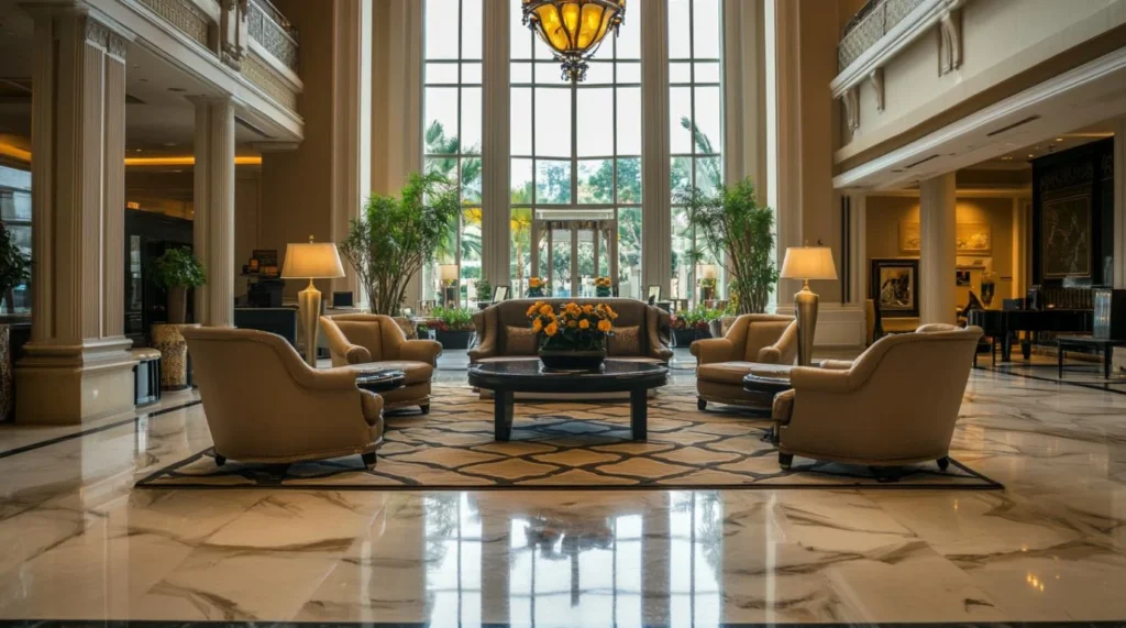 Luxury hotel lobby interior with tall windows, marble flooring, lounge seating, and warm hospitality lighting.