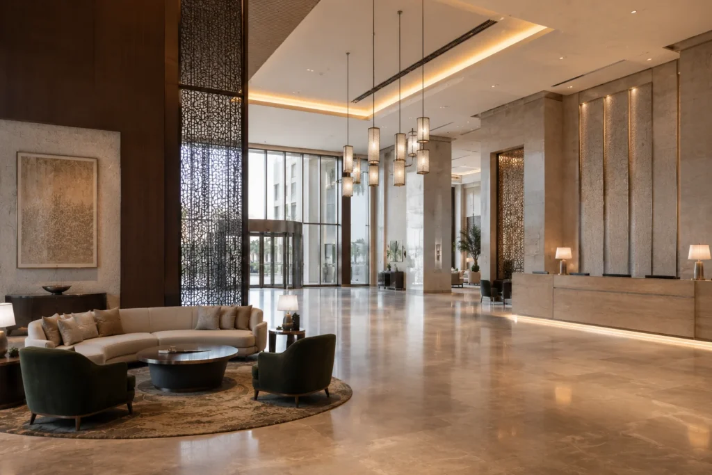 Modern luxury hotel lobby interior in Saudi Arabia with warm lighting and geometric design details