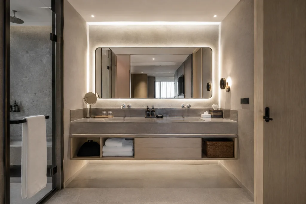 Modern hotel bathroom vanity design with stone countertop, double basin, cabinet storage, large mirror, and warm lighting for a hospitality project.