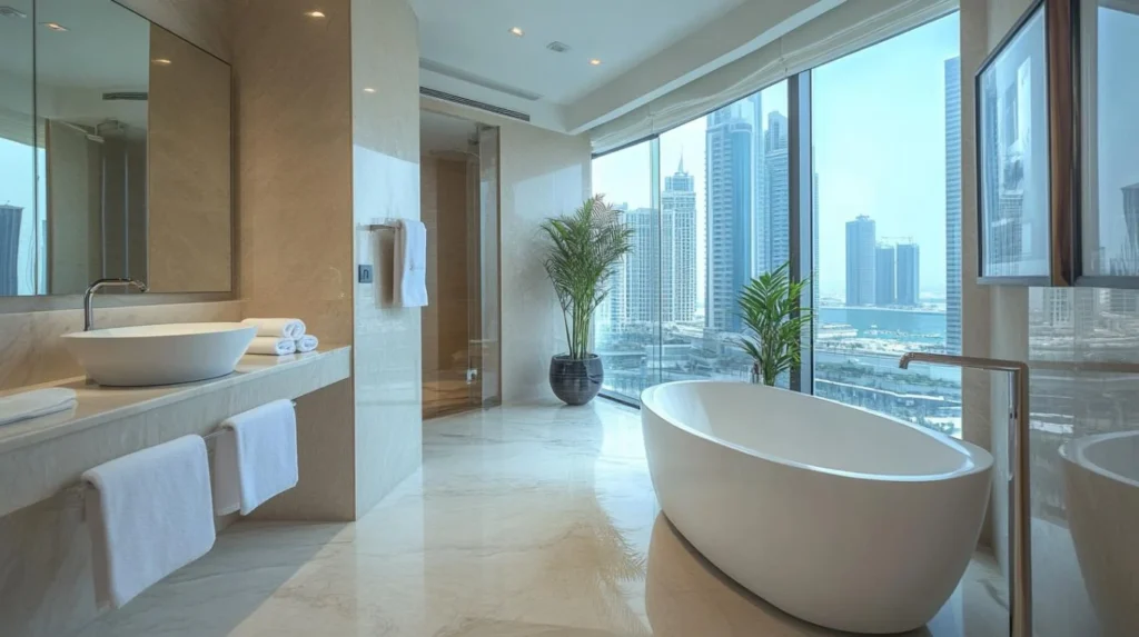 Luxury hotel bathroom vanity in a UAE hospitality project