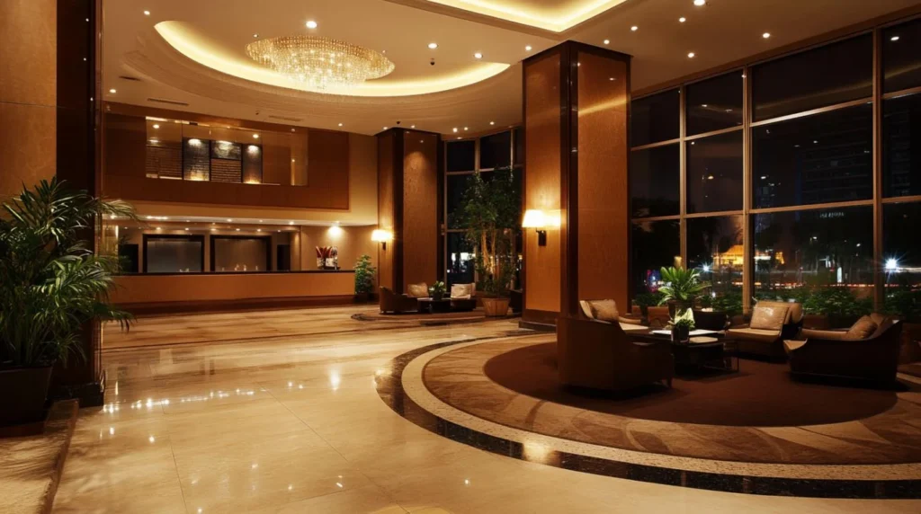 Luxury hotel lobby with FF&E elements including lounge seating, lighting, reception desk, and interior fixtures