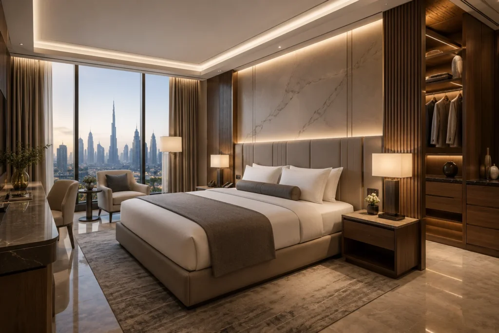 Hotel furniture suppliers in the UAE showcasing a luxury guestroom setup, dining furniture, lounge seating, and FF&E material boards.