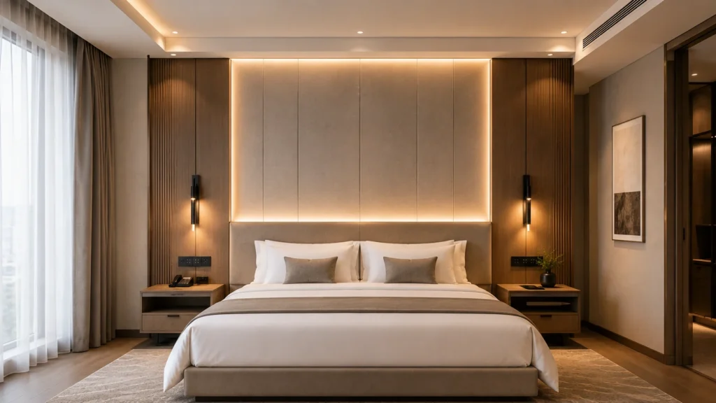 Modern hotel headboard wall design with upholstered panels, wood finishes, LED backlighting, bedside lights, outlets, and floating nightstands