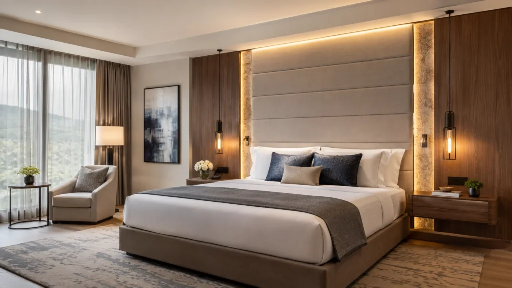 Modern hotel guest room with mixed-material headboard wall design, upholstered panels, wood finishes, stone accents, warm lighting, and integrated nightstands