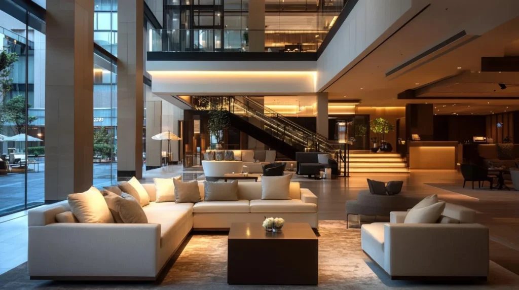 Modern luxury hotel lobby interior for an article about hotel FF&E suppliers in Saudi Arabia