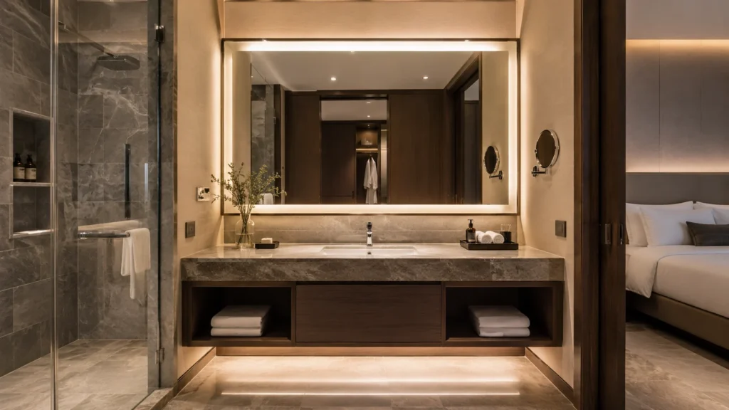 Modern hotel bathroom vanity design with stone countertop, integrated basin, cabinet, mirror, and soft lighting in a luxurious guest bathroom.