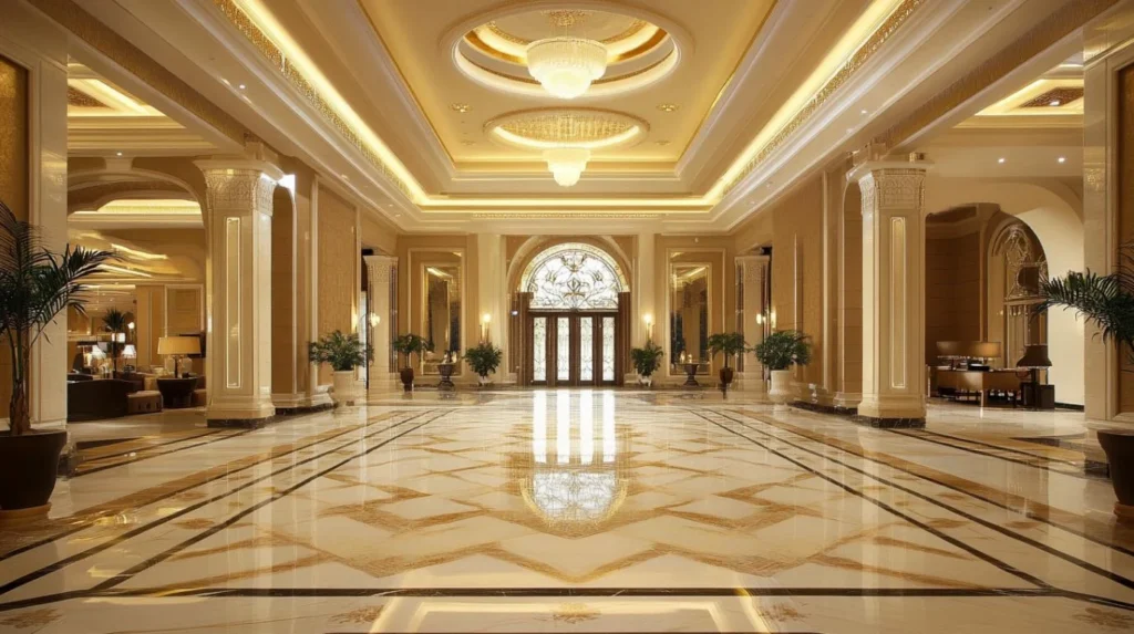 Luxury hotel lobby with marble floors by fit out contractors in Saudi Arabia