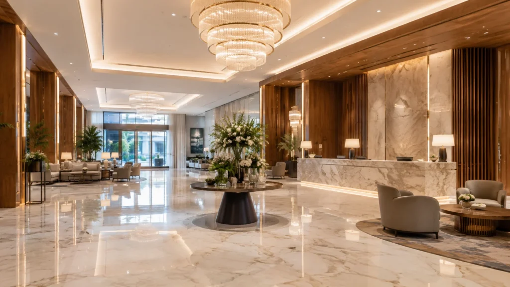 Luxury hotel lobby with marble floors, chandeliers, wood wall panels, reception desk, and elegant hospitality interior design.