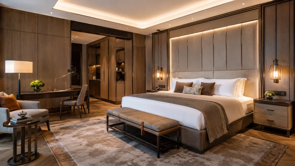 Custom hotel furniture in a modern luxury guest room with upholstered headboard, nightstands, desk, wardrobe, and seating area