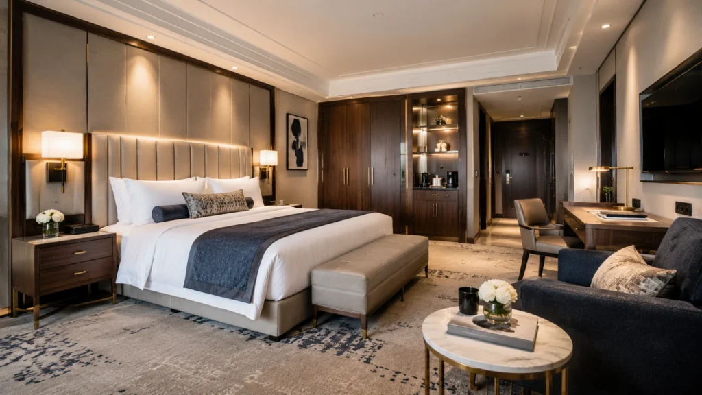 Custom hotel furniture in a modern luxury guest room with headboard, nightstands, desk, wardrobe, and seating area