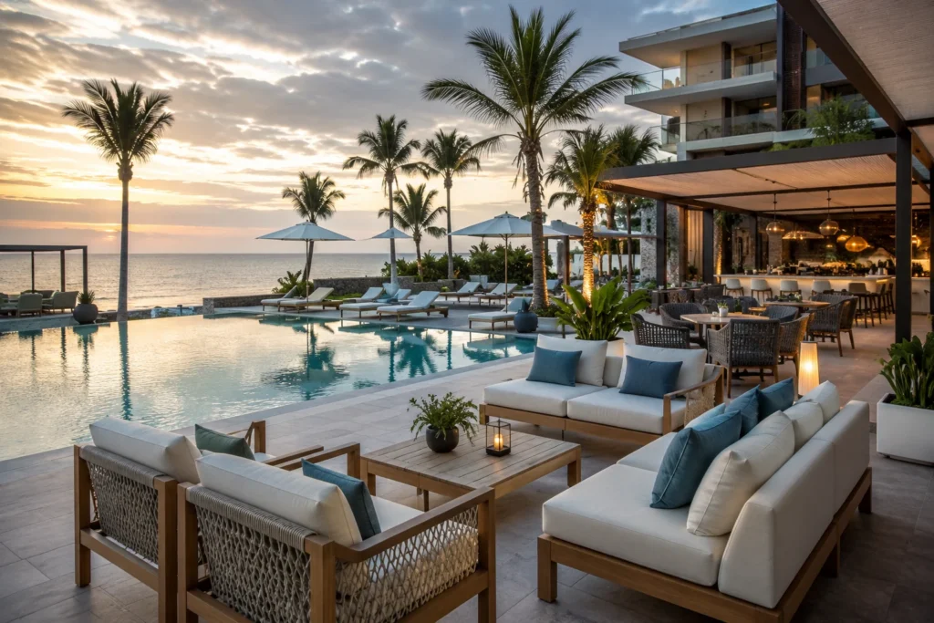 Hospitality outdoor furniture for hotel and resort poolside lounge areas