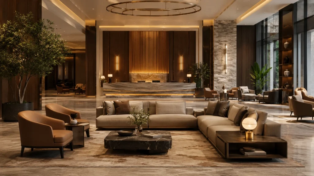 Modern luxury hotel lobby furniture with reception desk, sofas, lounge chairs, coffee tables, and warm lighting