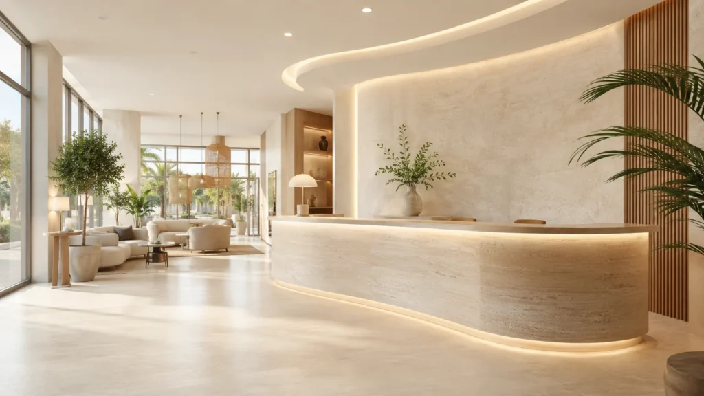 Hotel reception desk design with curved stone counter bright lobby greenery and warm lighting