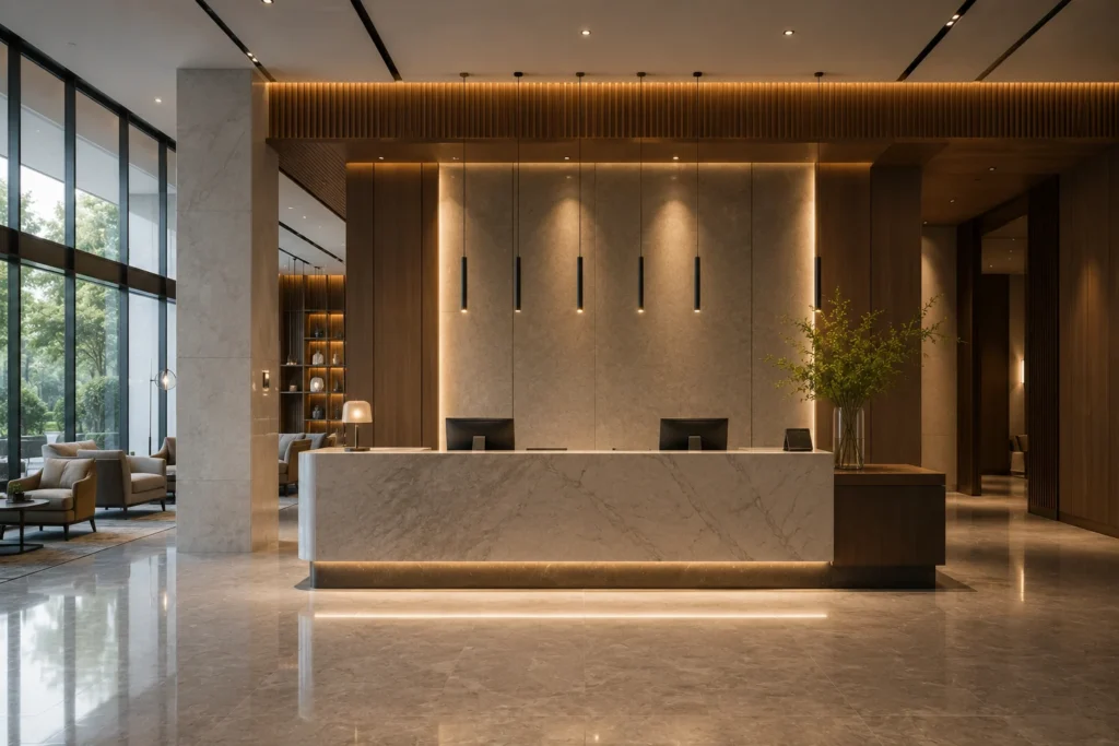 Hotel reception desk design with marble counter, warm lighting, and modern lobby layout