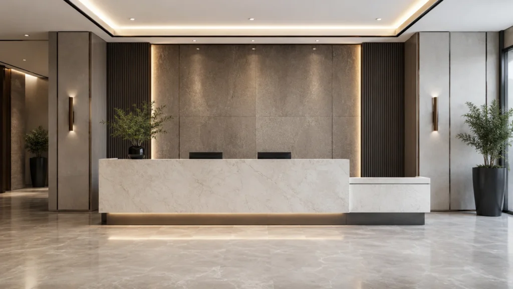 Modern hotel reception desk with clear counter layout, open lobby clearance, and accessible counter section