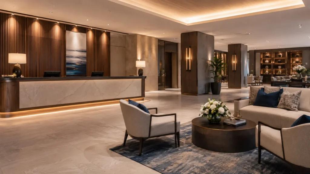 Modern hotel lobby for hotel refurbishment companies with reception desk, lounge seating, warm lighting, and wood wall panels