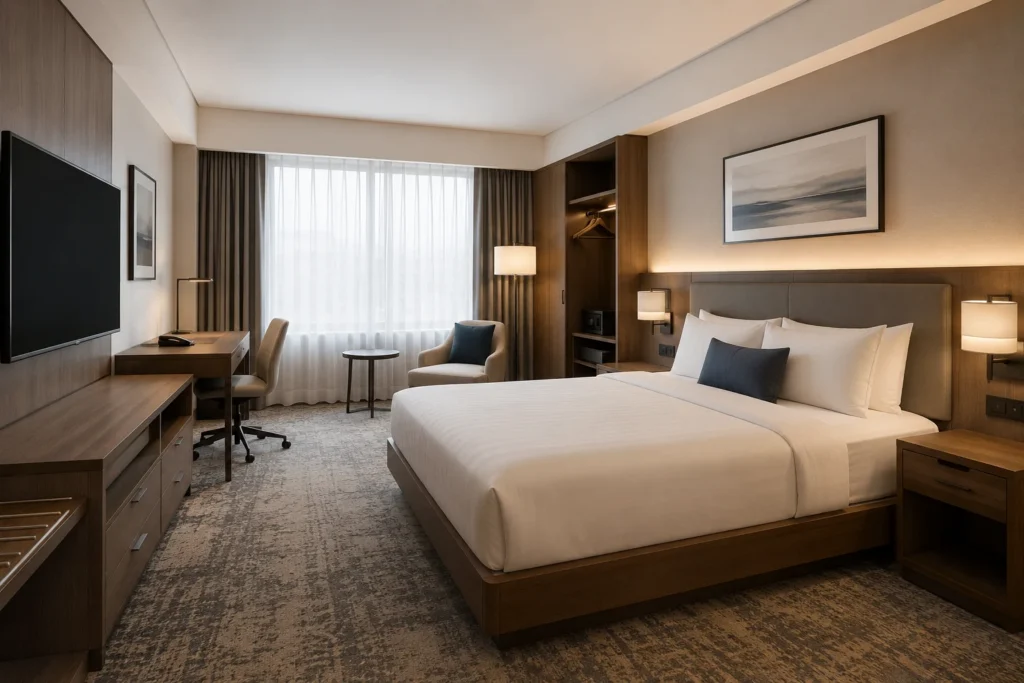 Hotel room furniture packages with bed, headboard, wardrobe, desk, TV unit, nightstand, and lounge chair