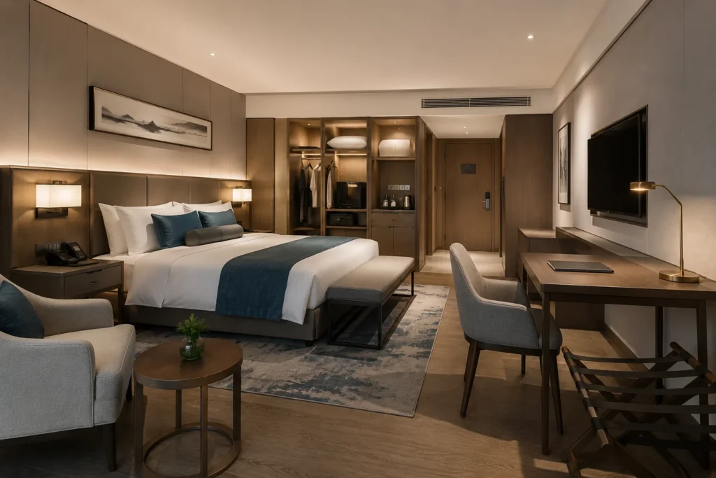 Hotel room furniture packages with bed, headboard, desk, wardrobe, TV unit, chair, and luggage rack