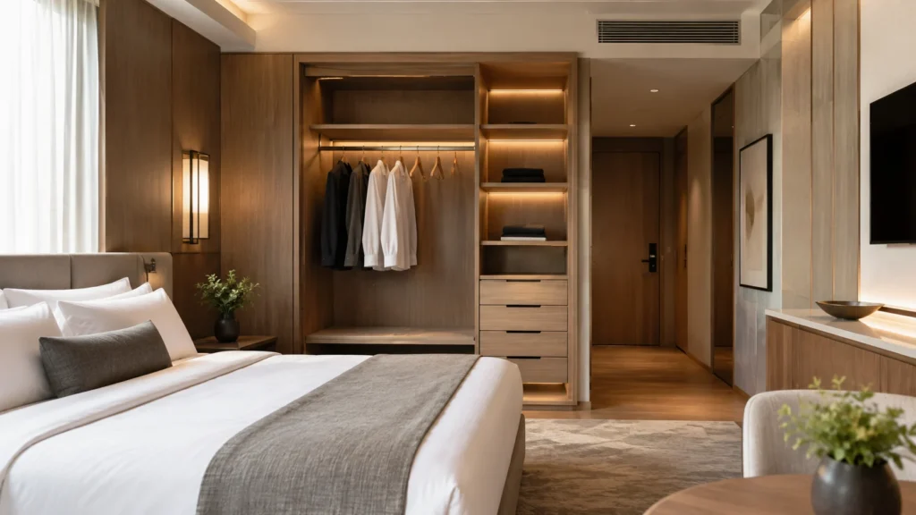 Modern hotel guest room with a built-in wardrobe, showing practical hotel wardrobe design in a clean and minimalist suite
