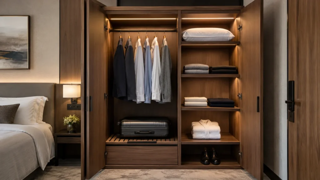 Hotel wardrobe interior design with hanging space, open shelves, and built-in luggage storage in a guest room