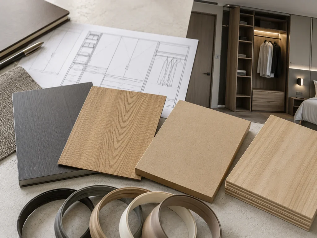 Hotel wardrobe material and finish samples with laminate, veneer, MDF, plywood, and edge banding