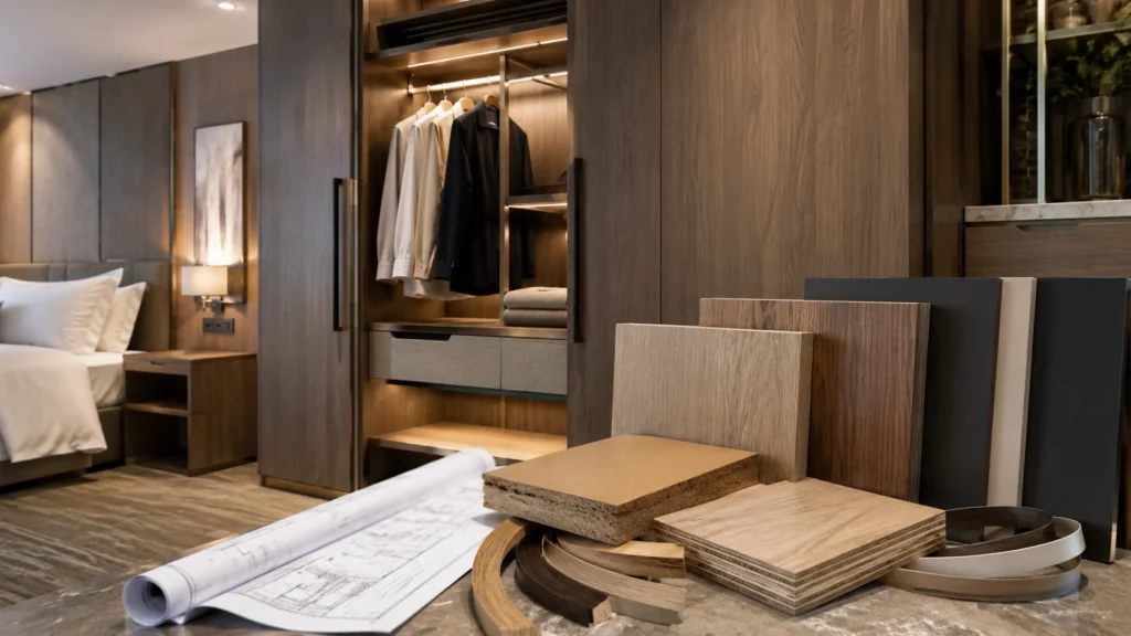 Hotel wardrobe materials and wardrobe finishes with laminate, veneer, MDF, plywood, edge banding, drawings, and guest room wardrobe