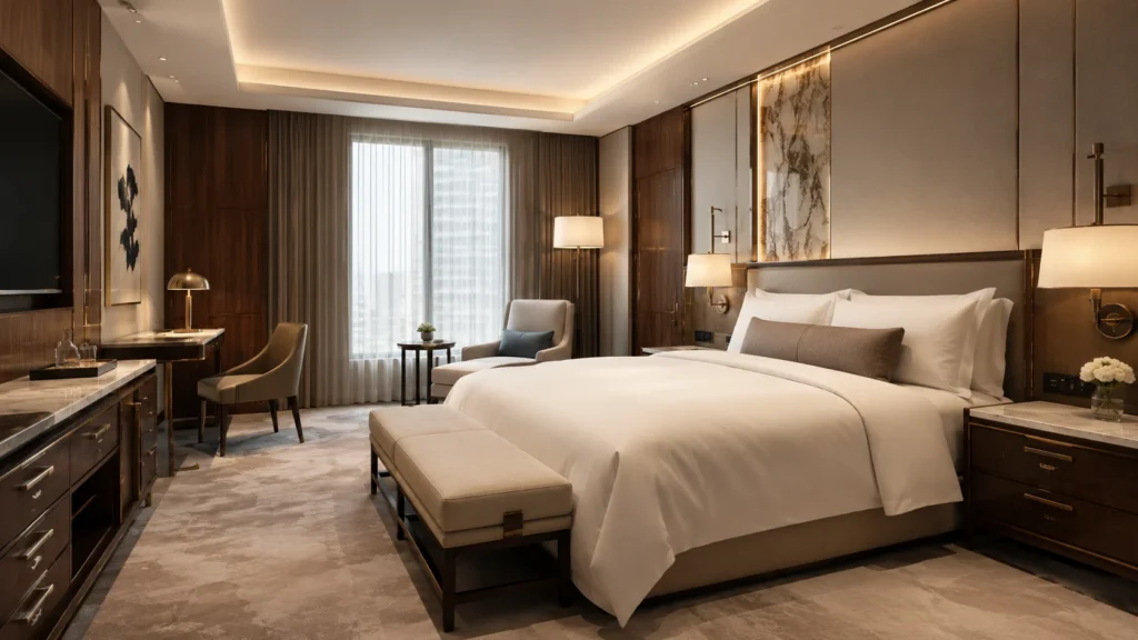 Luxury hotel guest room designed by luxury hotel furniture suppliers featuring custom casegoods, upholstered headboard, seating, and work desk