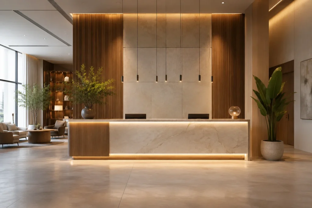 Modern reception desk design ideas for a stylish hotel lobby with stone wood and warm lighting