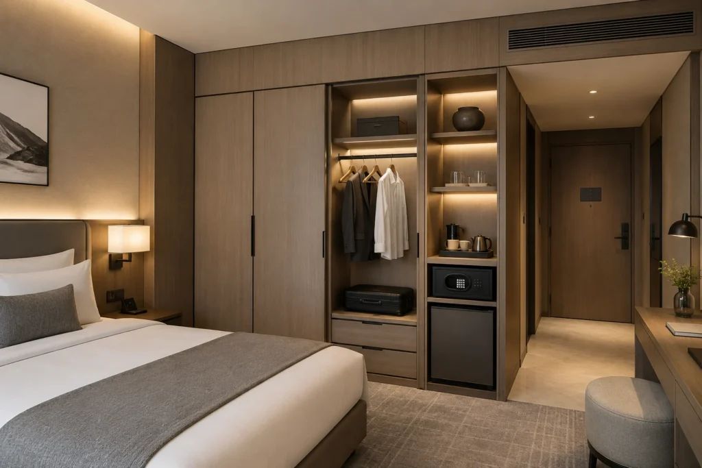 Modern wardrobe design in a hotel guest room with built-in storage wall, minibar, safe box, bed area, and warm wood finishes