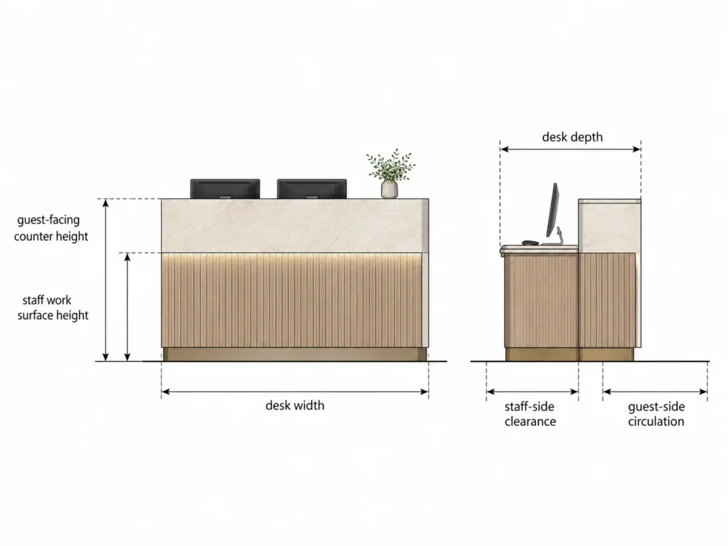 Standard hotel reception desk dimensions diagram showing guest-facing counter height, staff work surface height, desk width, desk depth, staff-side clearance, and guest-side circulation