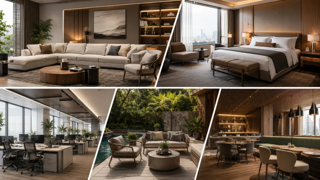Modern furniture scenes representing top furniture manufacturers worldwide, including home, hotel, office, outdoor, and contract furniture suppliers.