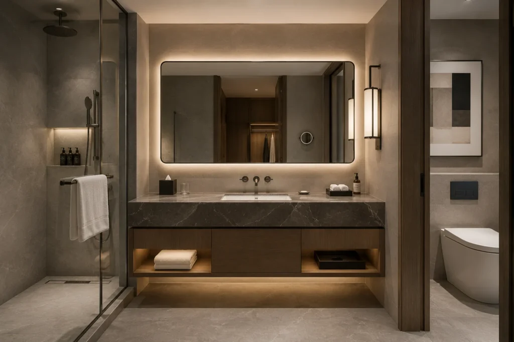 Complete hotel bathroom vanity unit with cabinet, LED mirror, lighting, stone top, basin, shower and sanitary ware