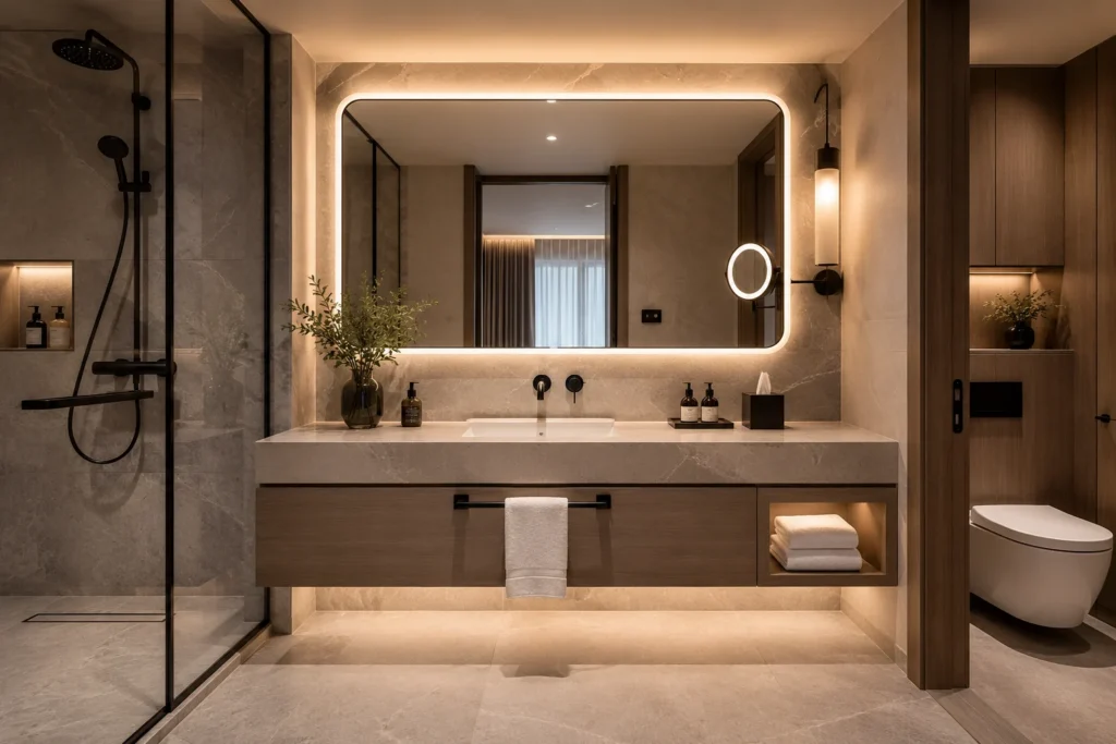Custom hotel bathroom vanity design with floating wood cabinet, stone countertop, integrated basin and LED mirror for a modern hospitality bathroom