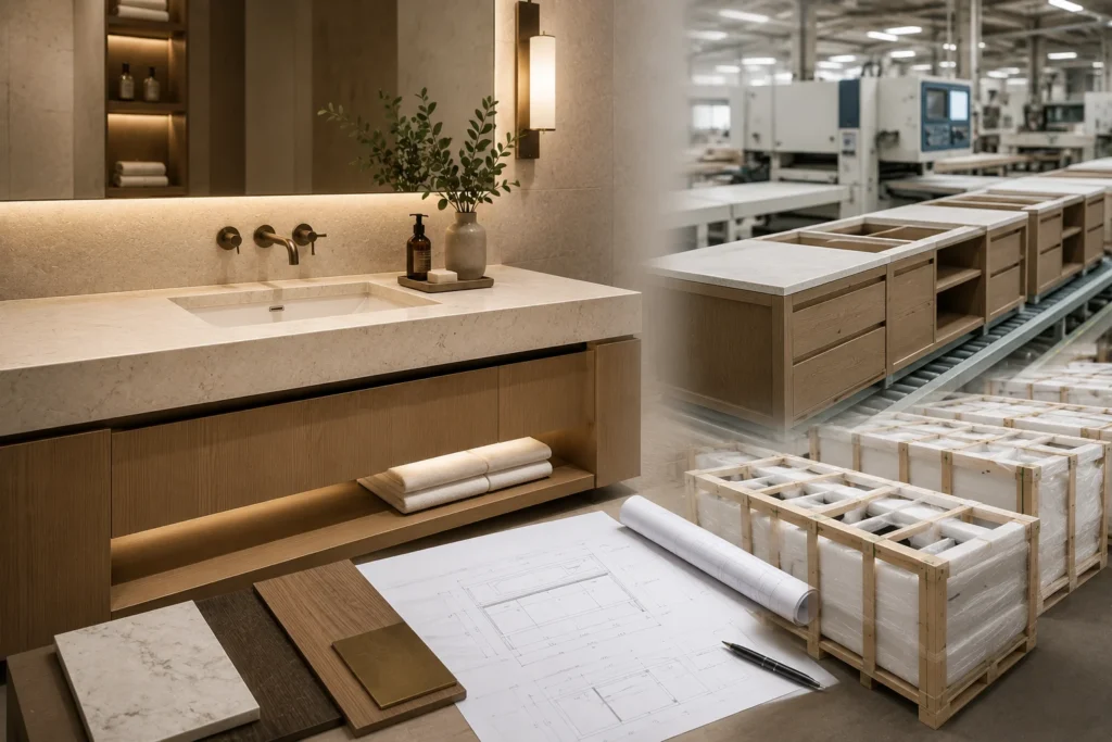 Custom hotel bathroom vanity manufacturing cover image with finished vanity, shop drawings, factory production and packaged units