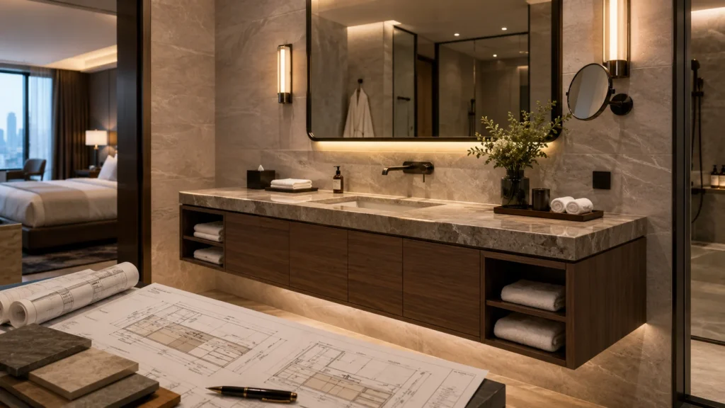 Custom hotel bathroom vanity manufacturing process with finished vanity, shop drawings and material samples for a hospitality project