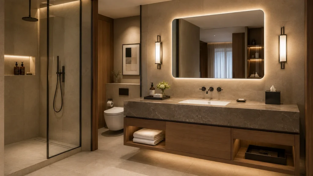 Hotel bathroom vanity unit guide cover with cabinet, LED mirror, lighting, stone top, basin, shower and sanitary ware