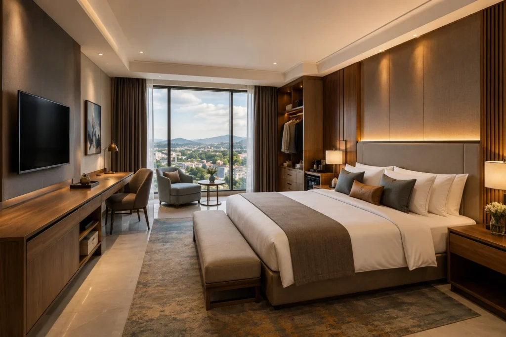 Modern luxury hotel guestroom featuring custom furniture for hotel furniture manufacturers in Africa