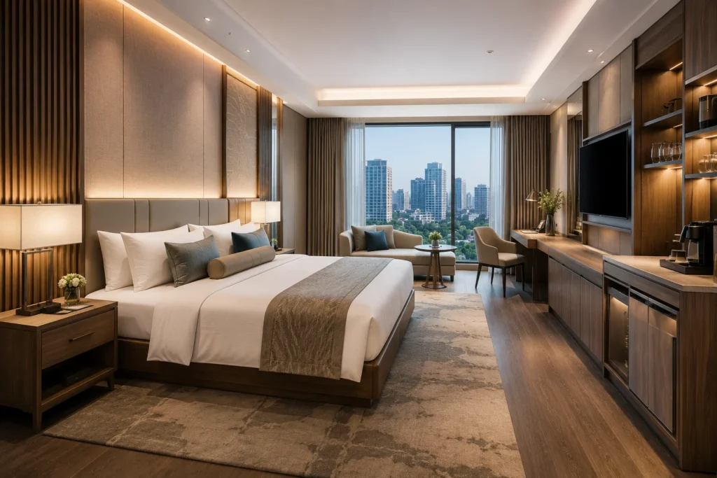 Modern luxury hotel room showcasing custom guestroom furniture and fixed joinery