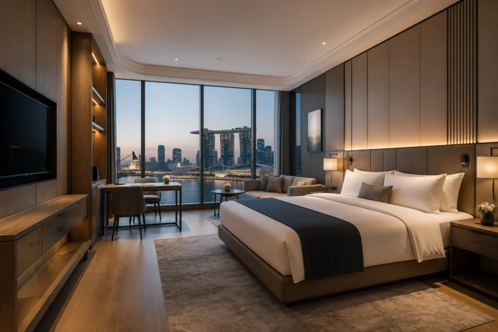 Hotel furniture manufacturers in Singapore for custom guestroom furniture and skyline-view hotel interiors