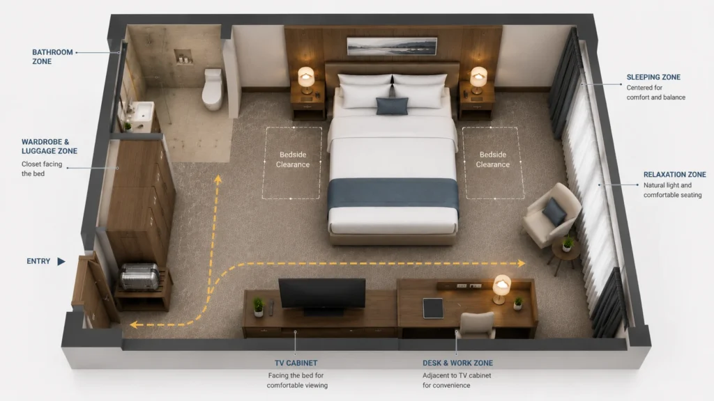 Isometric hotel room dimensions layout showing the bathroom, wardrobe, luggage bench, bed, TV cabinet, desk, relaxation area, and circulation route.
